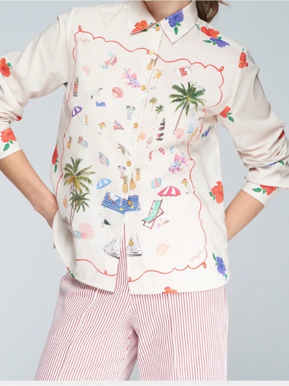 Vilagallo Womens Shirt Size 38 US 6 Cream Tropical Beach Print Button-Down Shirt